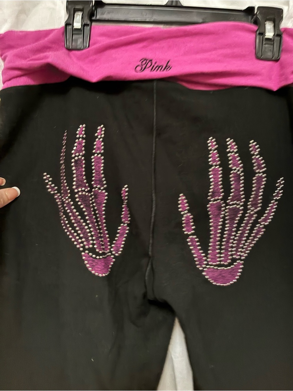 PINK Victoria's Secret Black Flared Legg with Purple Rhinestone Skeleton Hands